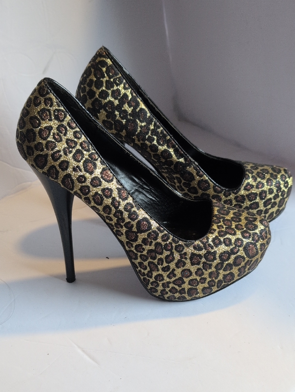 Leopard Glitter Platform Stilettos in Gold